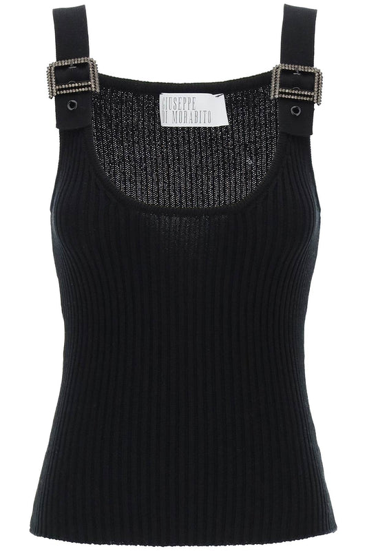 "knit Top With Rhinestone Buck  - Black