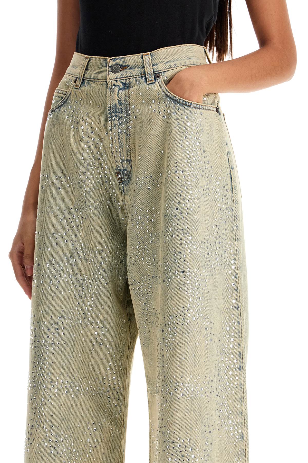 Wide Leg Jeans With Rhinestones  - Neutro