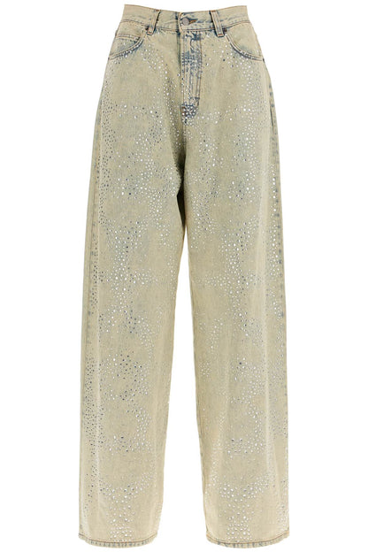 Wide Leg Jeans With Rhinestones  - Neutro