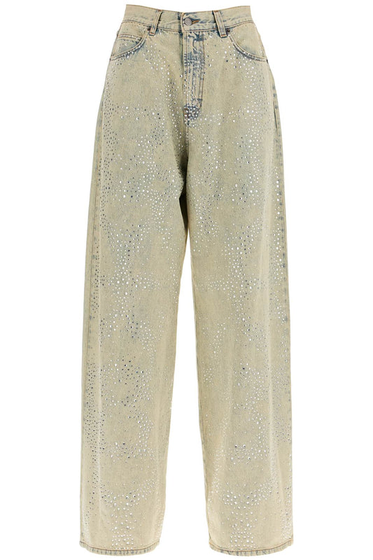 Wide Leg Jeans With Rhinestones  - Neutro