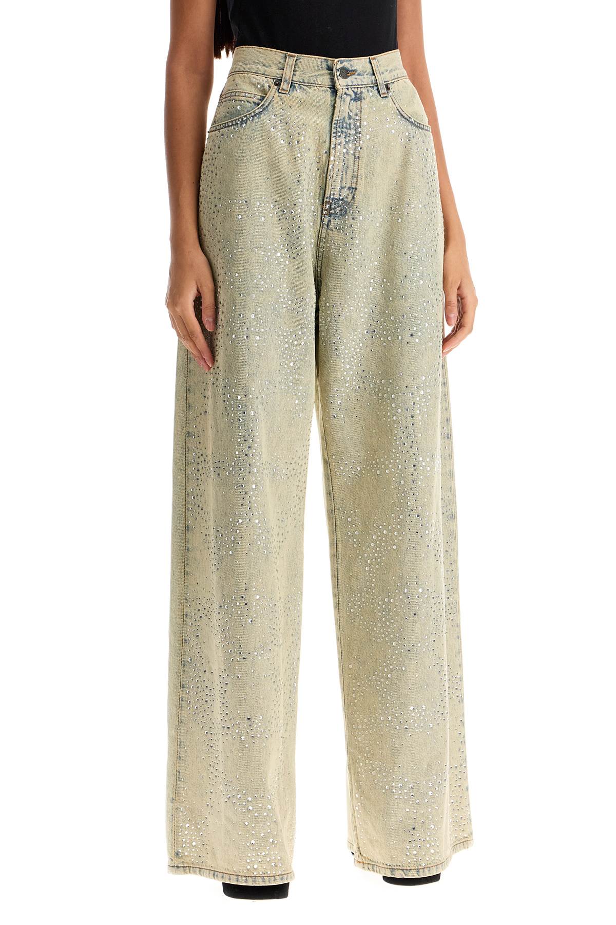 Wide Leg Jeans With Rhinestones  - Neutro