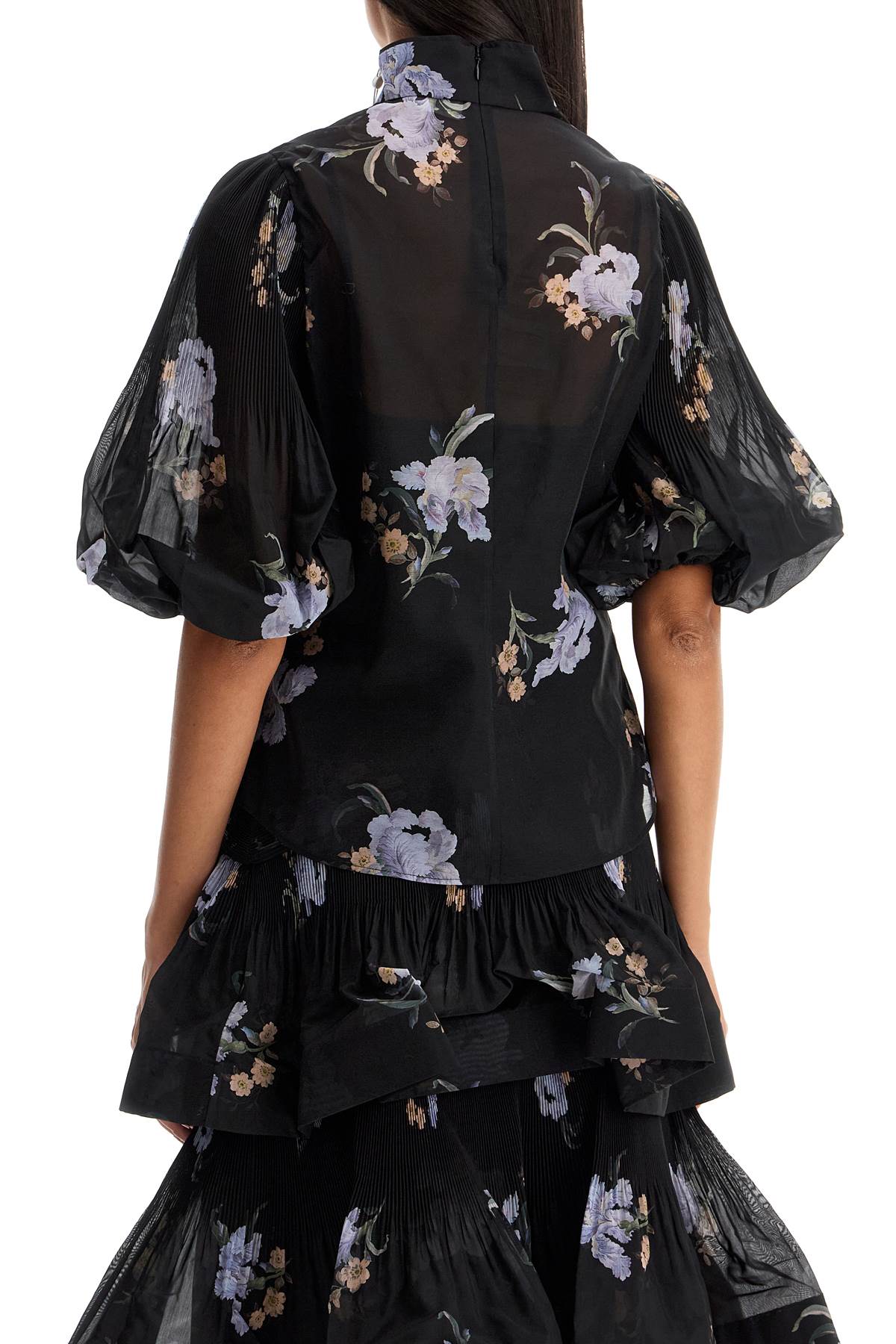 Illustrated Blouse With Pleated Sleeves  - Black