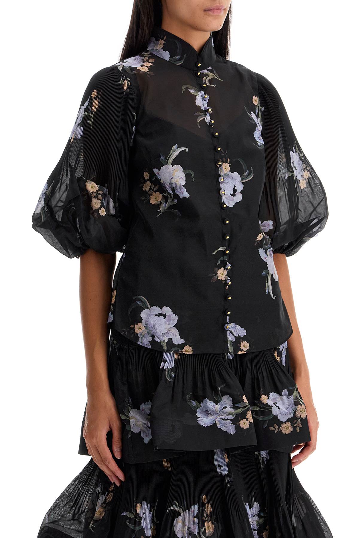 Illustrated Blouse With Pleated Sleeves  - Black