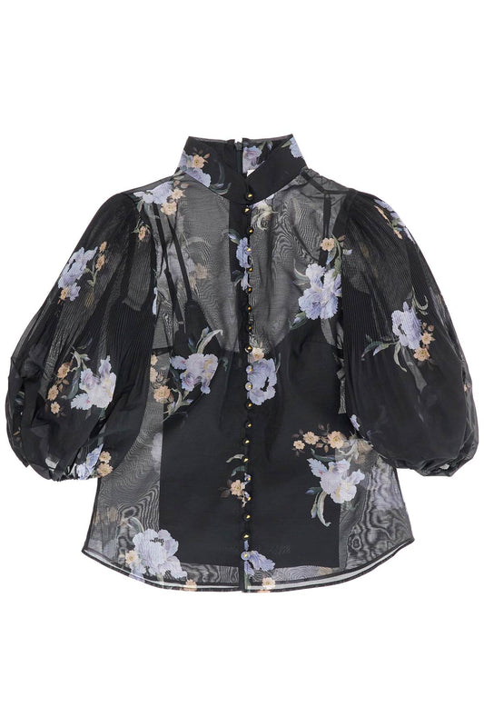 Illustrated Blouse With Pleated Sleeves  - Black