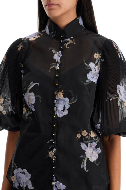 Illustrated Blouse With Pleated Sleeves  - Black