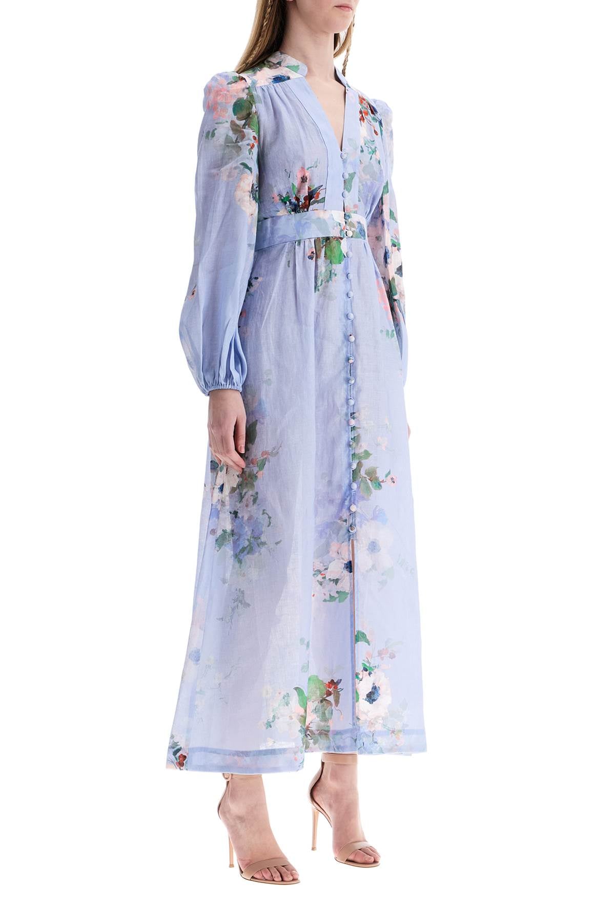 Light Blue Watercolor Floral Midi Dress With Deep V Neckline  - Blue