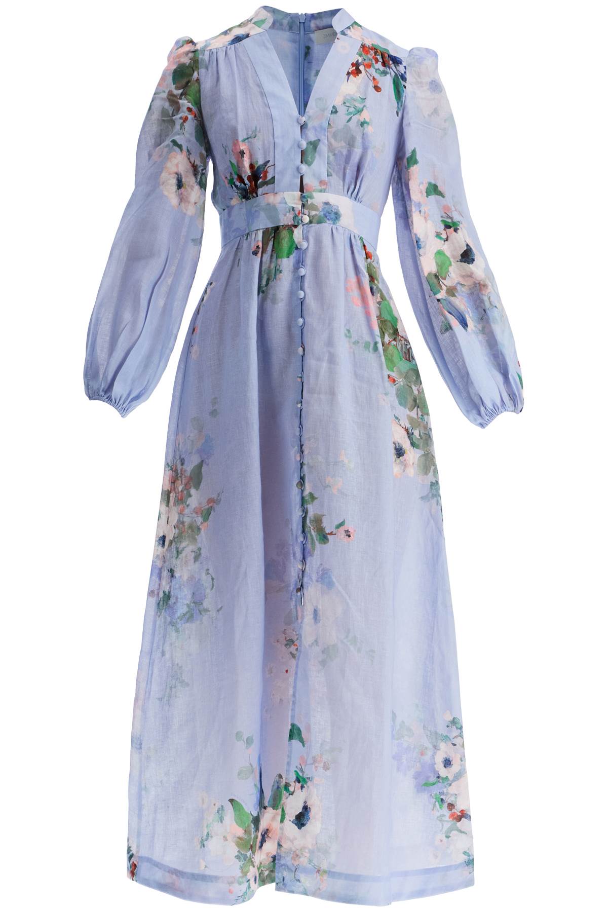 Light Blue Watercolor Floral Midi Dress With Deep V Neckline  - Blue