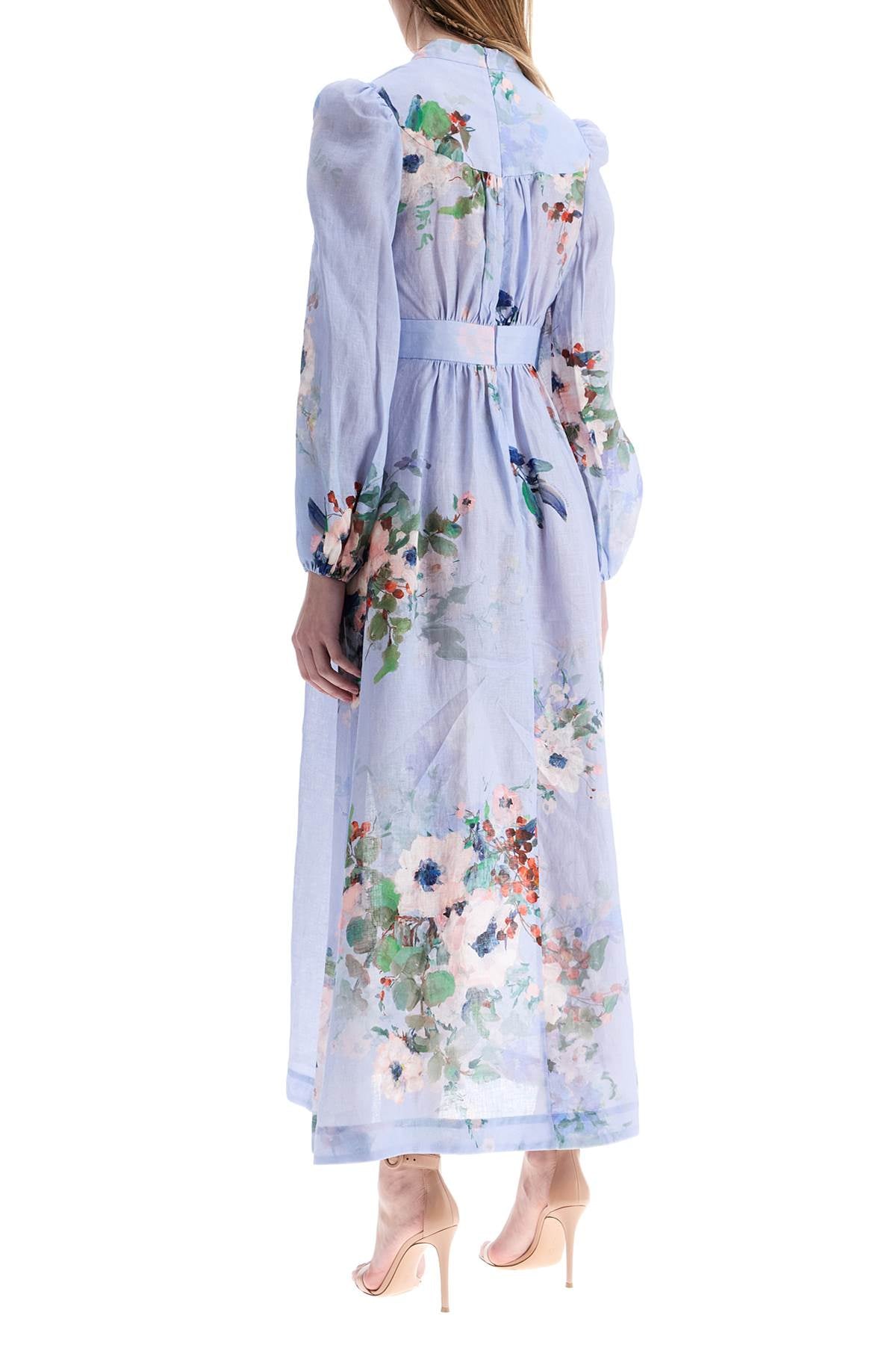 Light Blue Watercolor Floral Midi Dress With Deep V Neckline  - Blue