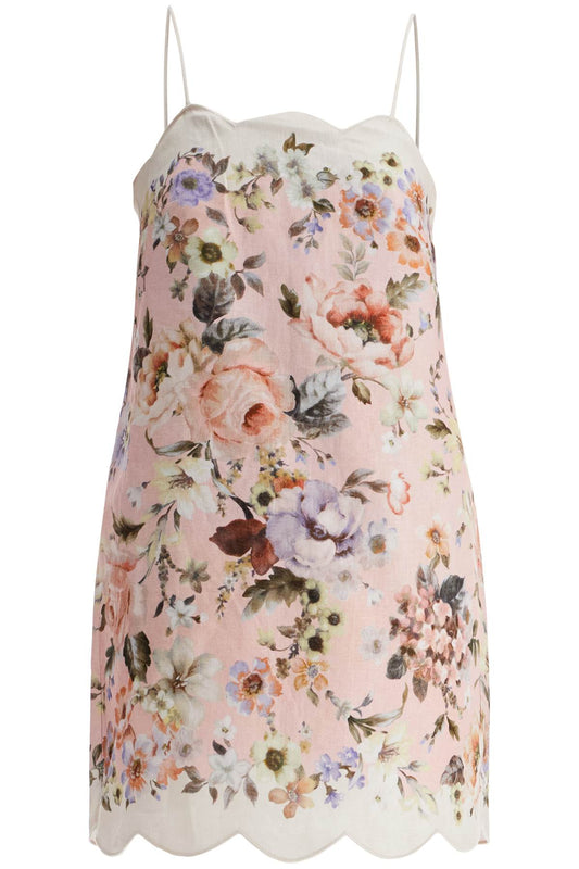 Mini Floral Linen Dress In Pink With Scallop Neckline And Sleeveless  - Pink