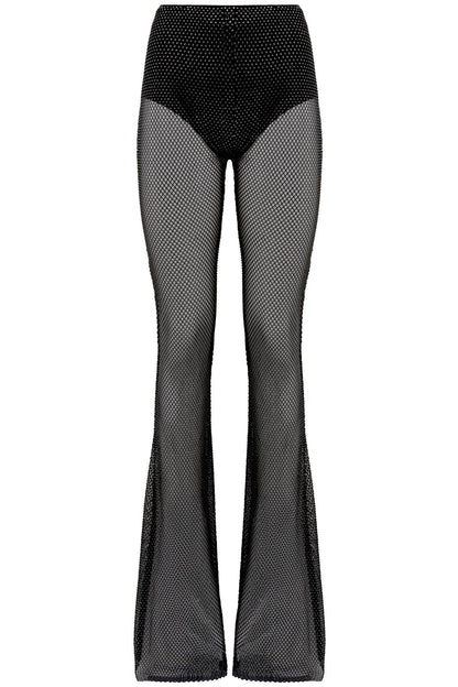 Rhinestone-studded Fishnet Knit Pants  - Black