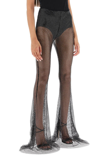 Rhinestone-studded Fishnet Knit Pants  - Black