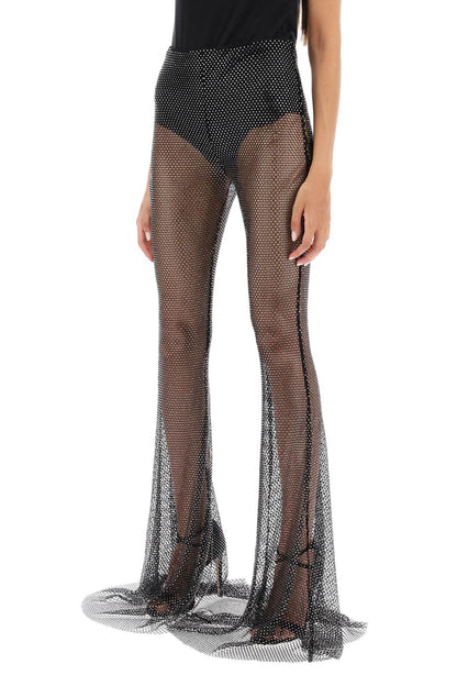 Rhinestone-studded Fishnet Knit Pants  - Black