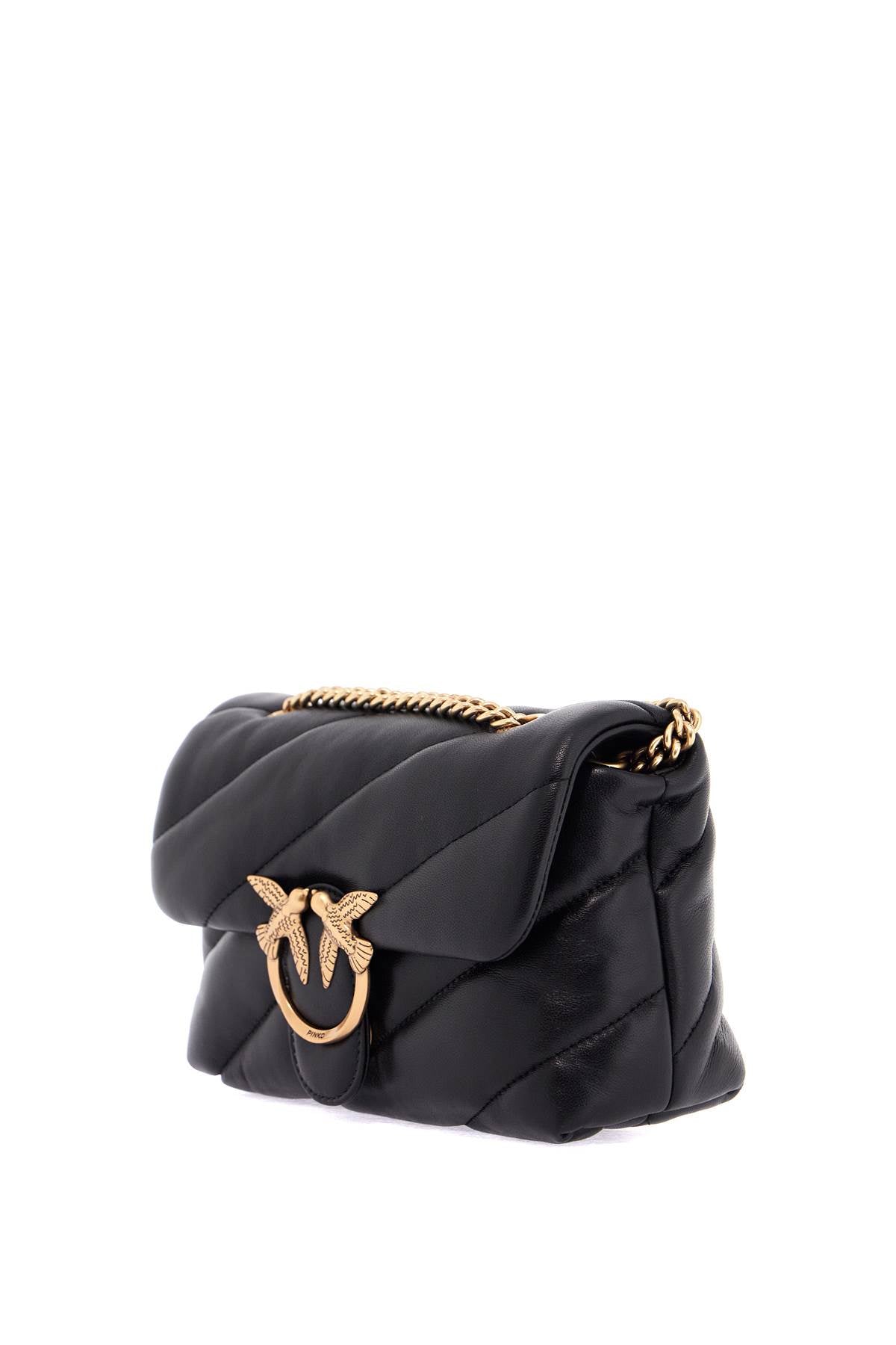 Mini Black Quilted Bag With Golden Chain Love Puff  - Black