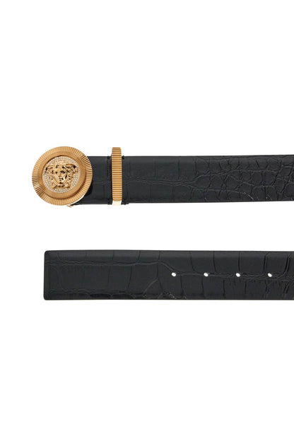 Black Embossed Crocodile Calfskin Belt With Rhinestones 40mm  - Black