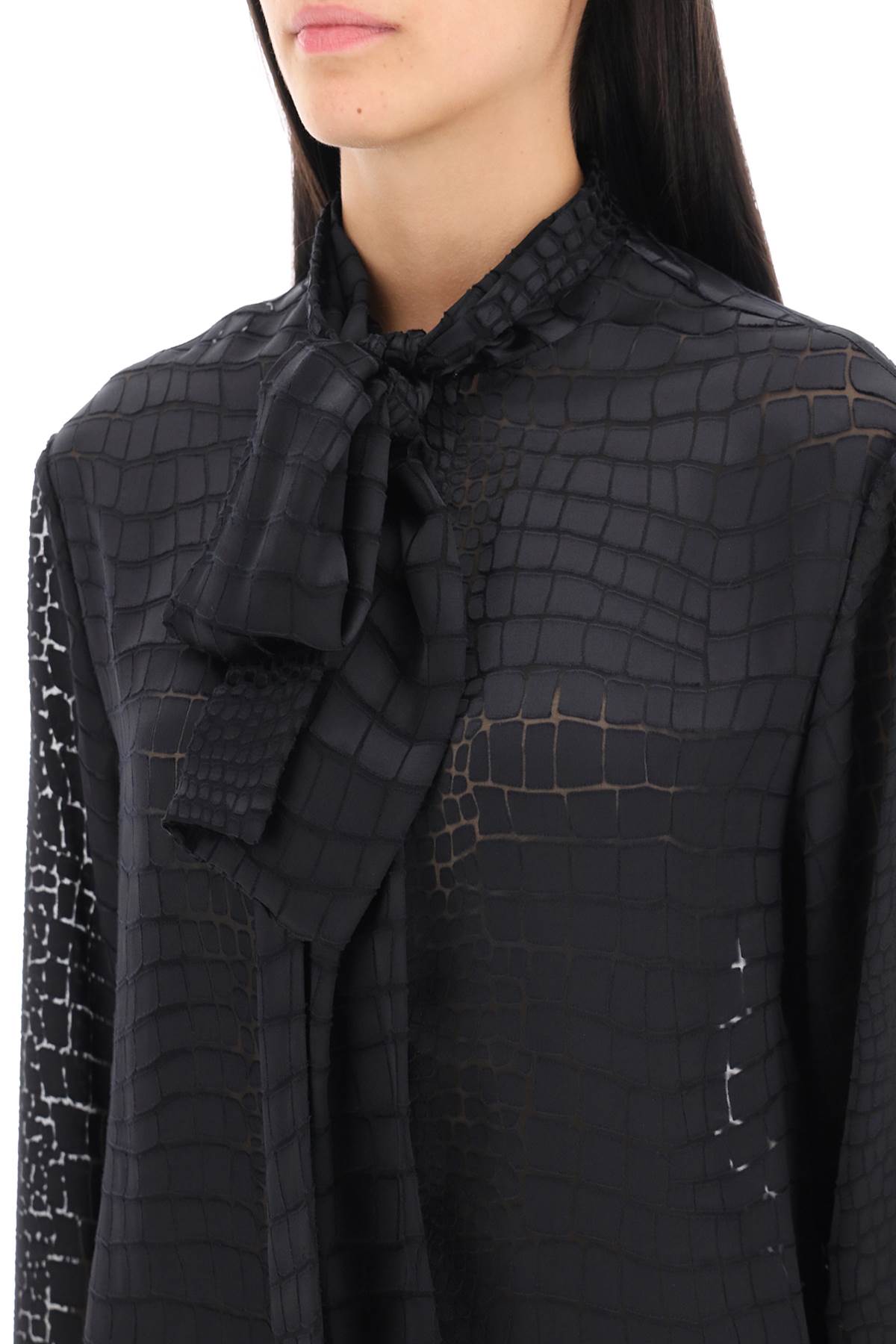 Crocodile Effect Tie-neck Shirt  - Black