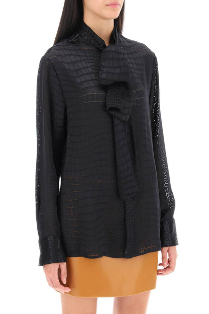 Crocodile Effect Tie-neck Shirt  - Black