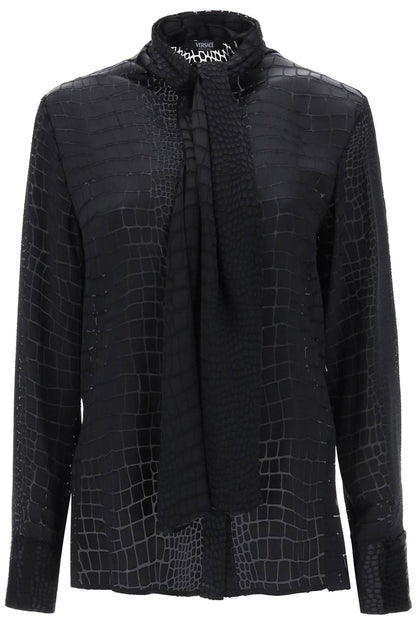 Crocodile Effect Tie-neck Shirt  - Black