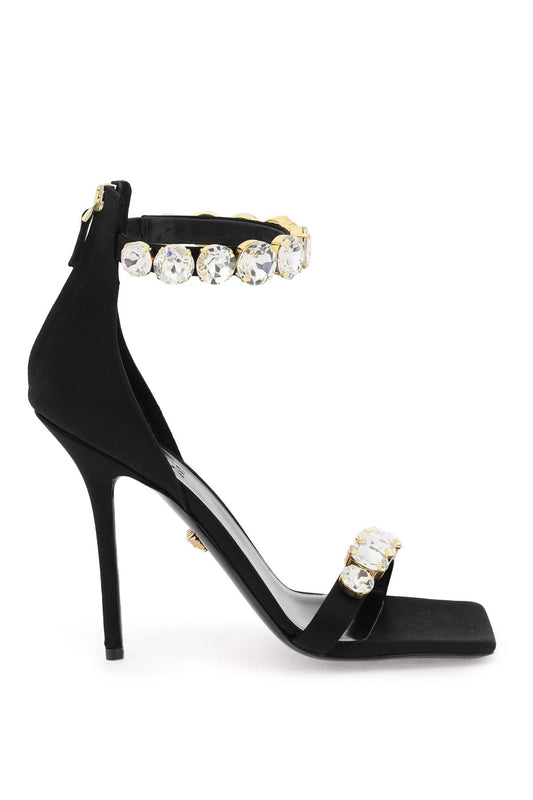 Satin Sandals With Crystals  - Nero