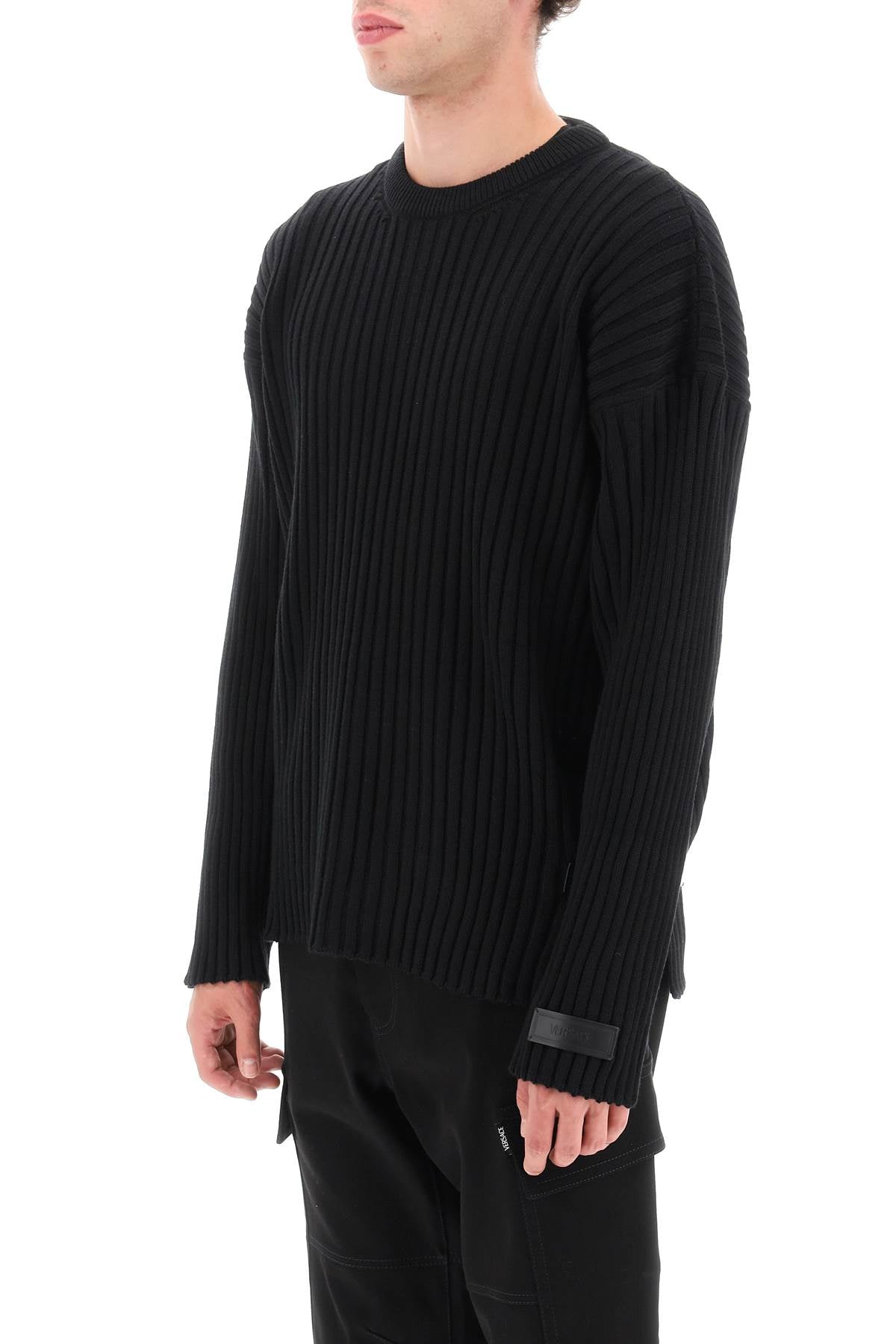 Ribbed-knit Sweater With Leather Straps  - Black