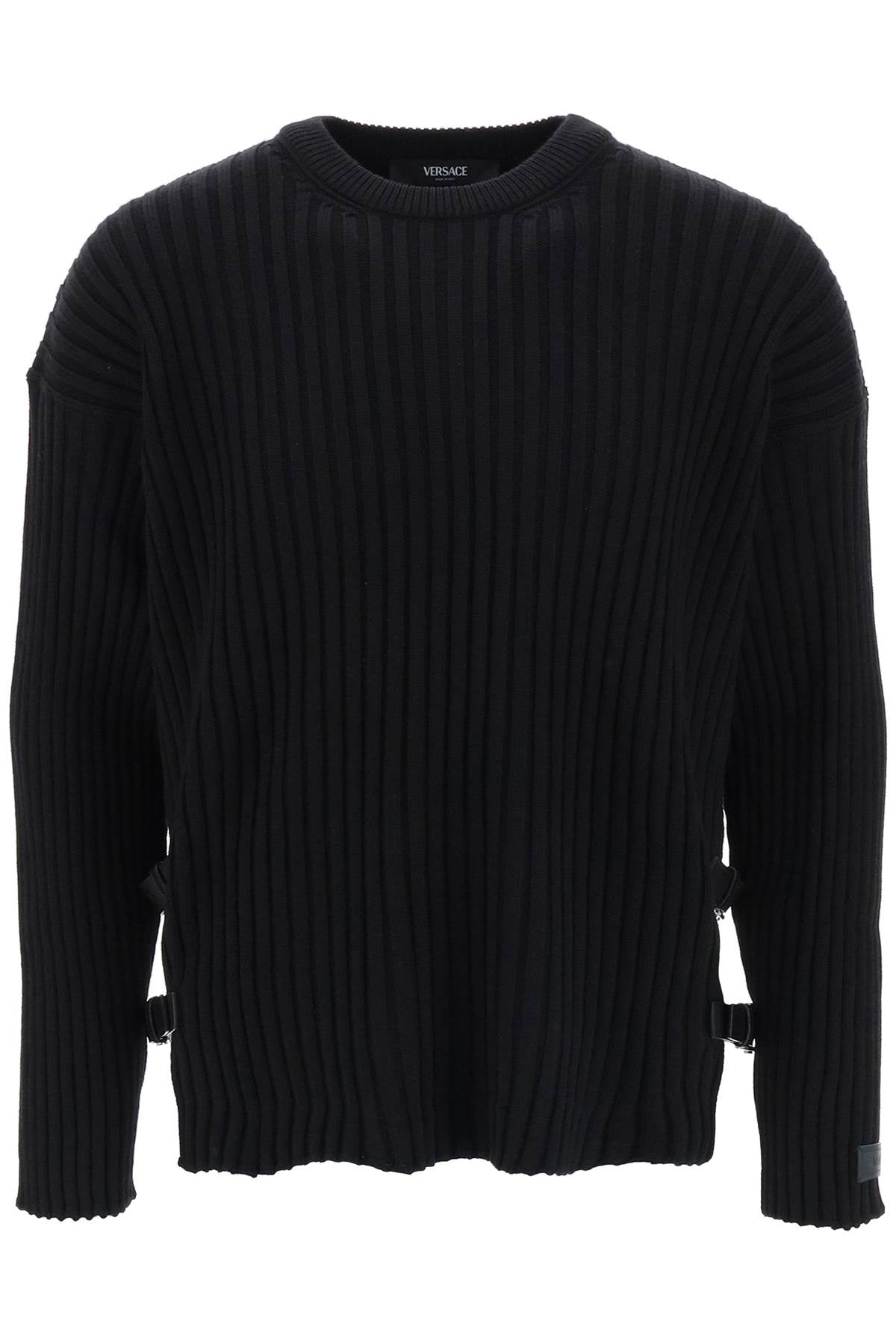 Ribbed-knit Sweater With Leather Straps  - Black