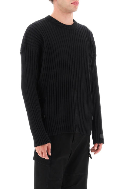 Ribbed-knit Sweater With Leather Straps  - Black