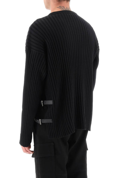 Ribbed-knit Sweater With Leather Straps  - Black