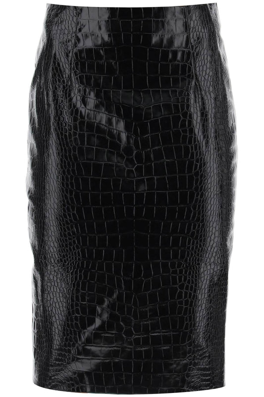 Croco-effect Leather Pencil Skirt  - Black