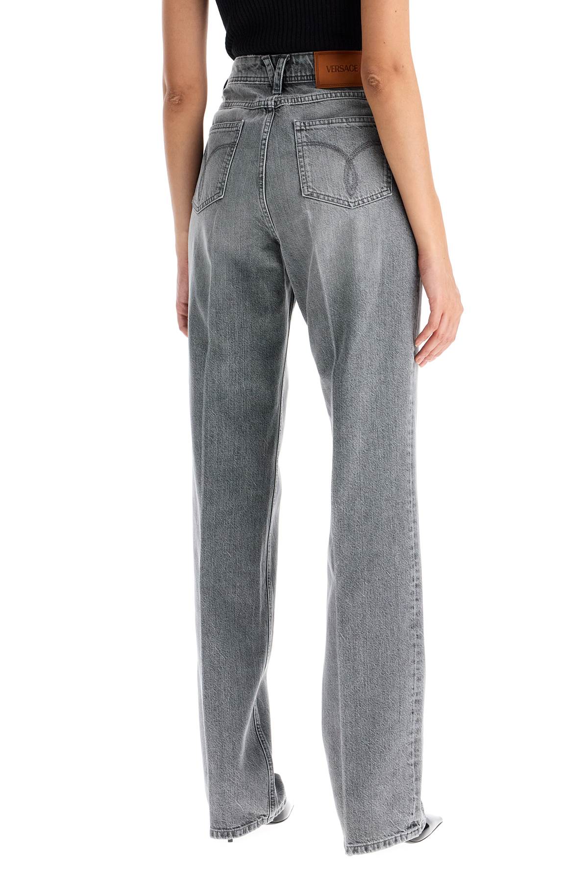 Straight Jeans With Medusa Details  - Grey