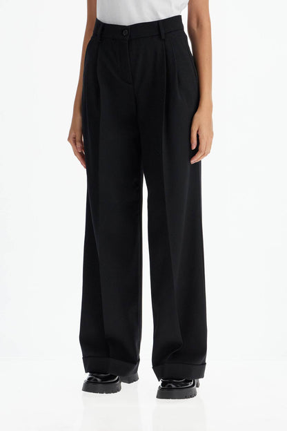 Twill Wide-leg Trousers In Pal  - Black