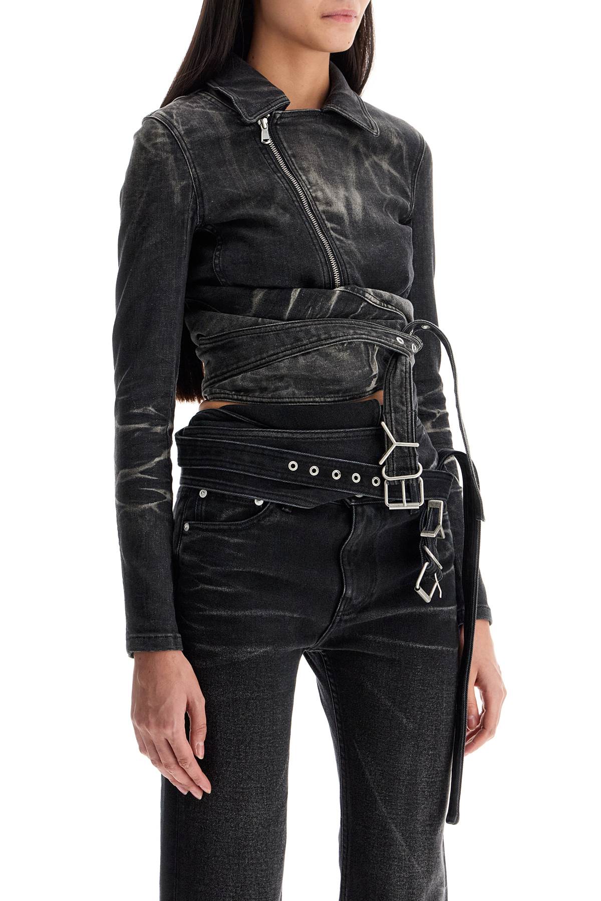 Denim Jacket With Criss-cross Belt  - Black