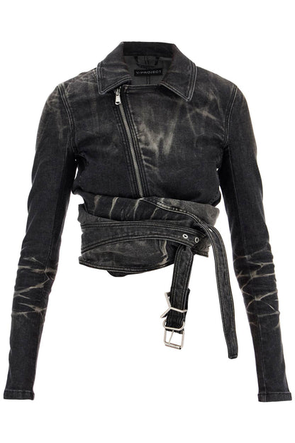 Denim Jacket With Criss-cross Belt  - Black