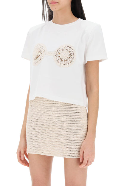 Cropped T-shirt With Crochet Insert  - White