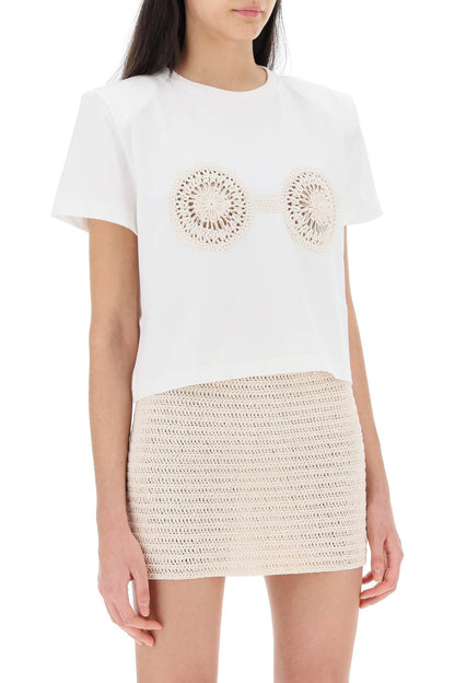 Cropped T-shirt With Crochet Insert  - White