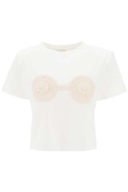 Cropped T-shirt With Crochet Insert  - White