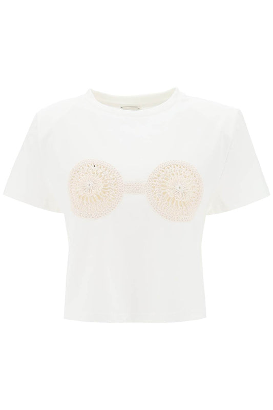 Cropped T-shirt With Crochet Insert  - White