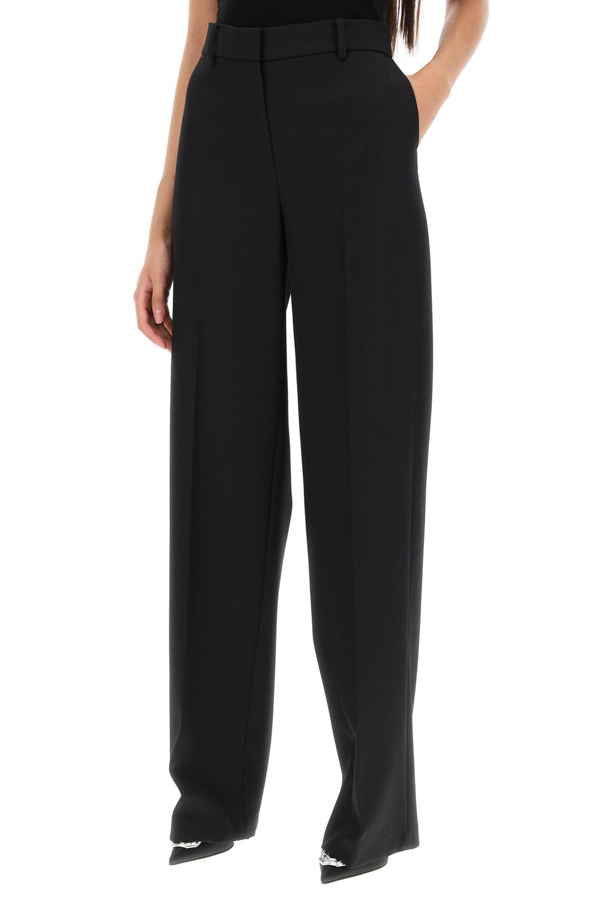 Light Wool Wide Leg Pants  - Black