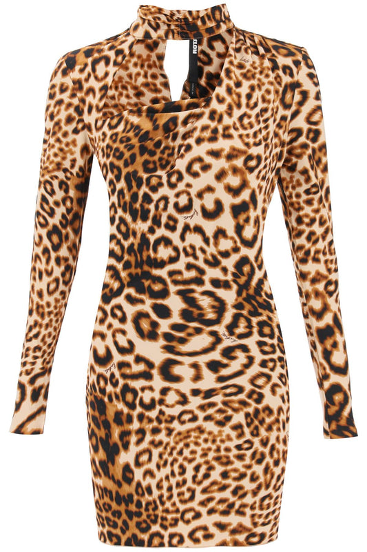 Leopard Printed Jersey Mini Dress  - Beige