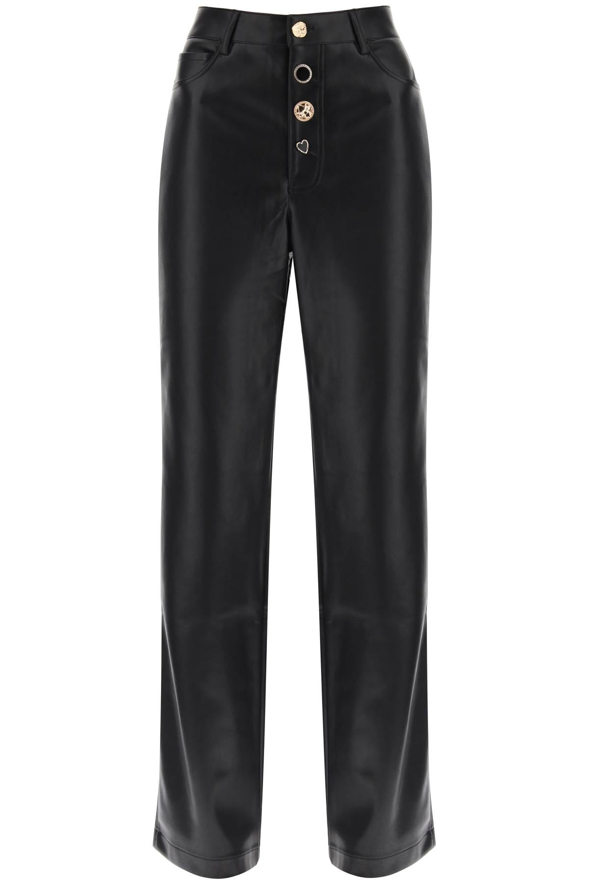 Embellished Button Faux Leather Pants  - Black