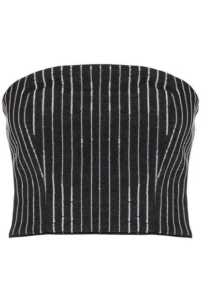 Cropped Top With Sequined Stripes  - Black