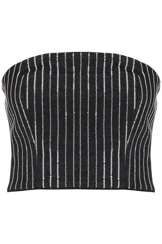 Cropped Top With Sequined Stripes  - Black