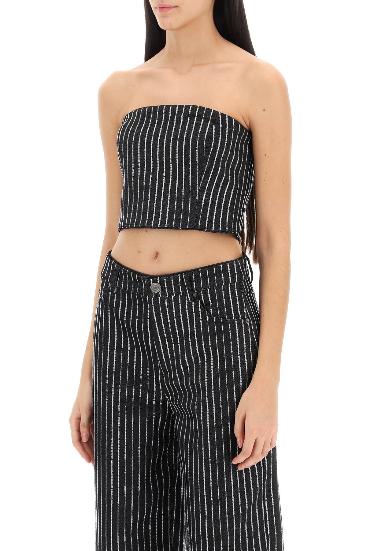 Cropped Top With Sequined Stripes  - Black