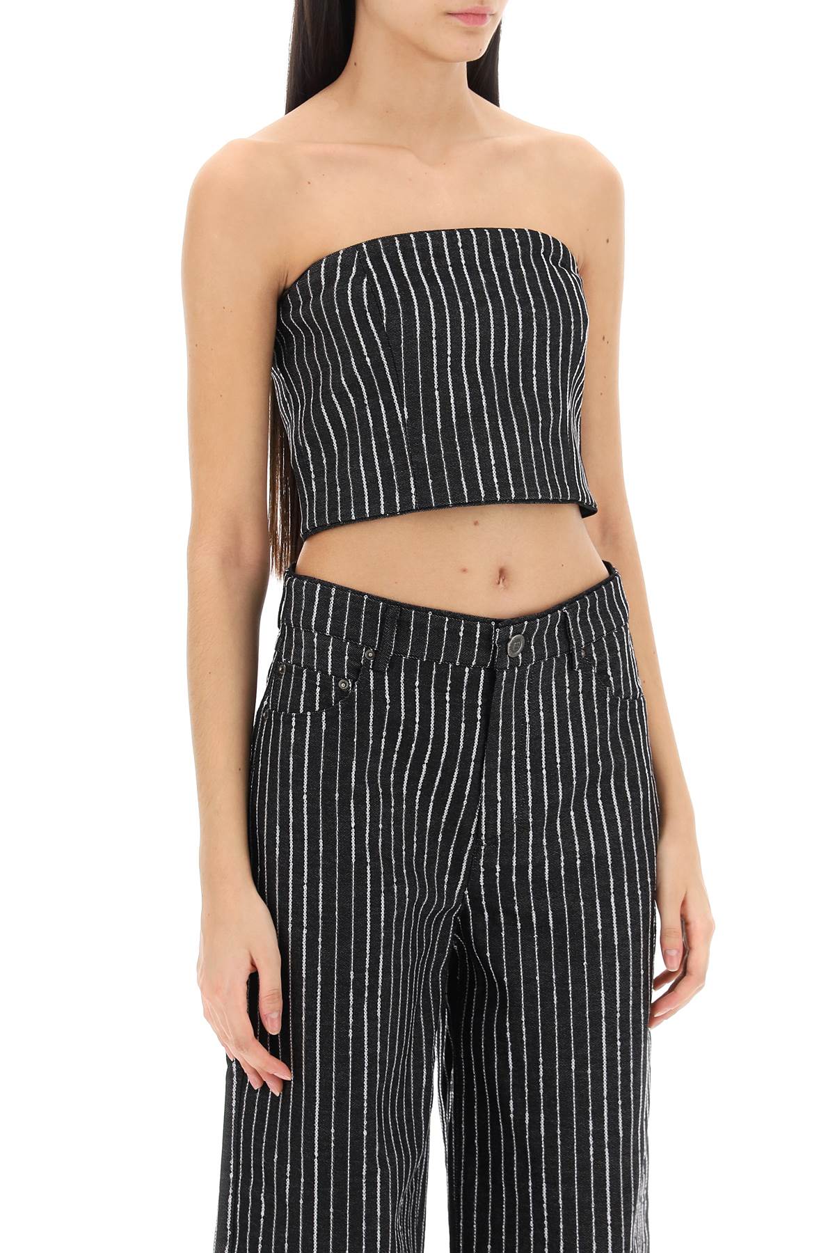 Cropped Top With Sequined Stripes  - Black