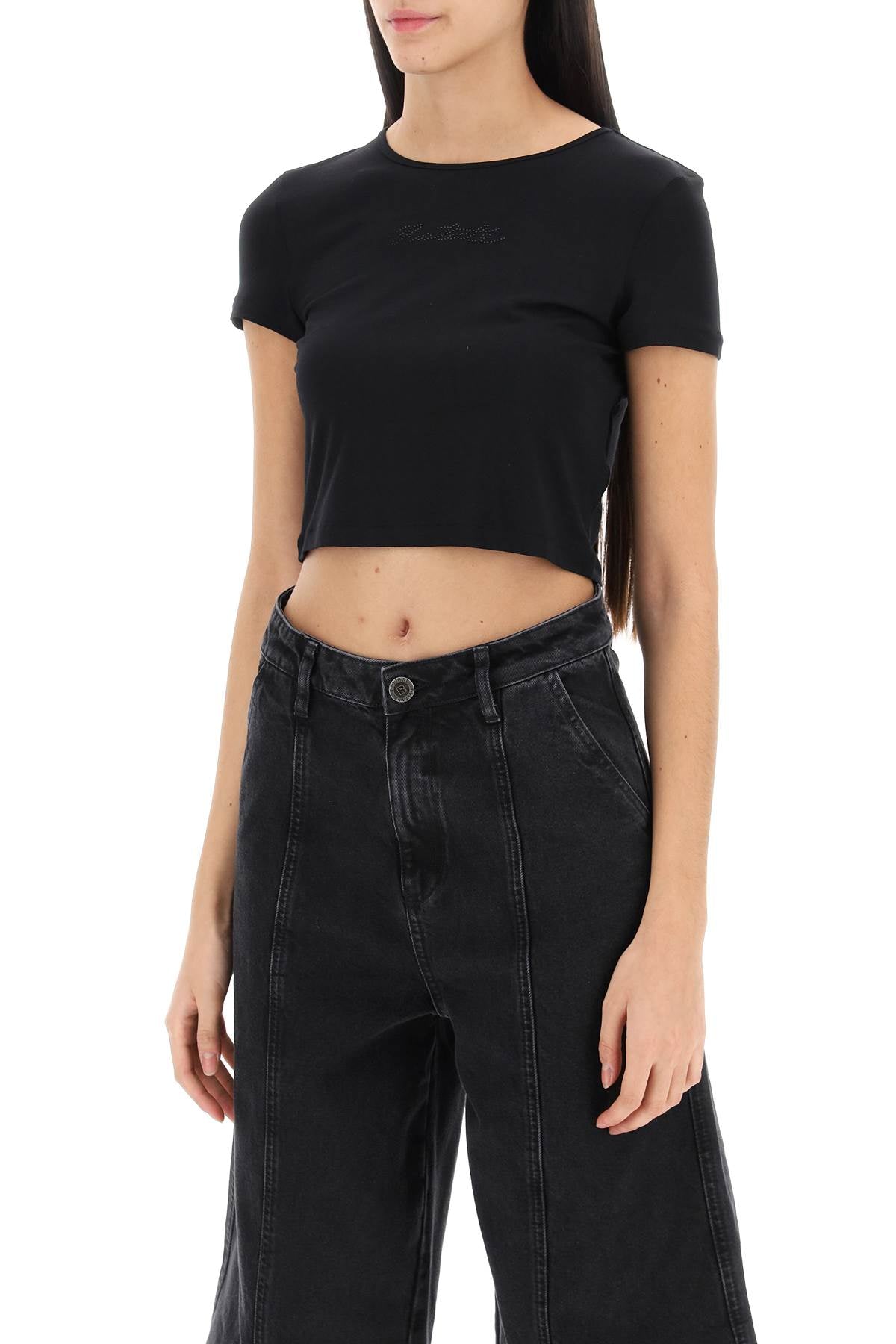 Cropped T-shirt With Rhinestone Logo  - Black