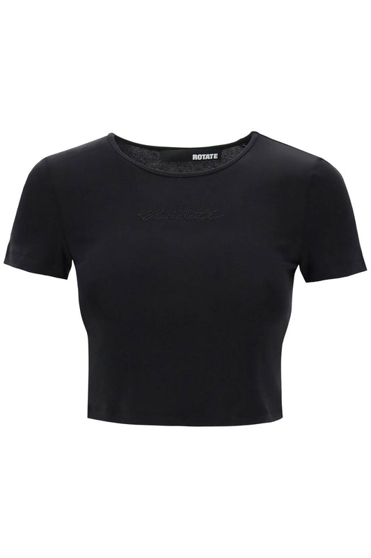 Cropped T-shirt With Rhinestone Logo  - Black