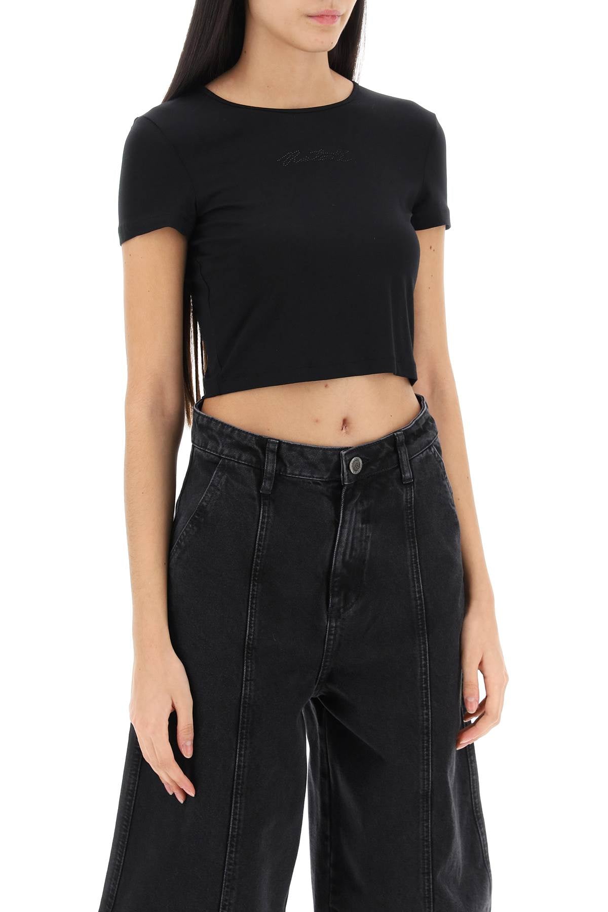 Cropped T-shirt With Rhinestone Logo  - Black