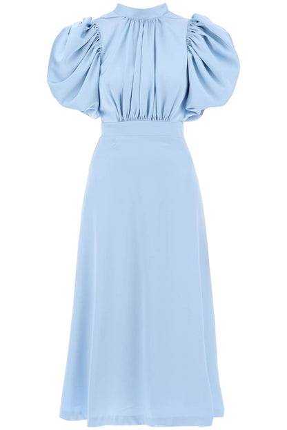 Midi Satin Dress With Balloon Sleeves  - Light Blue