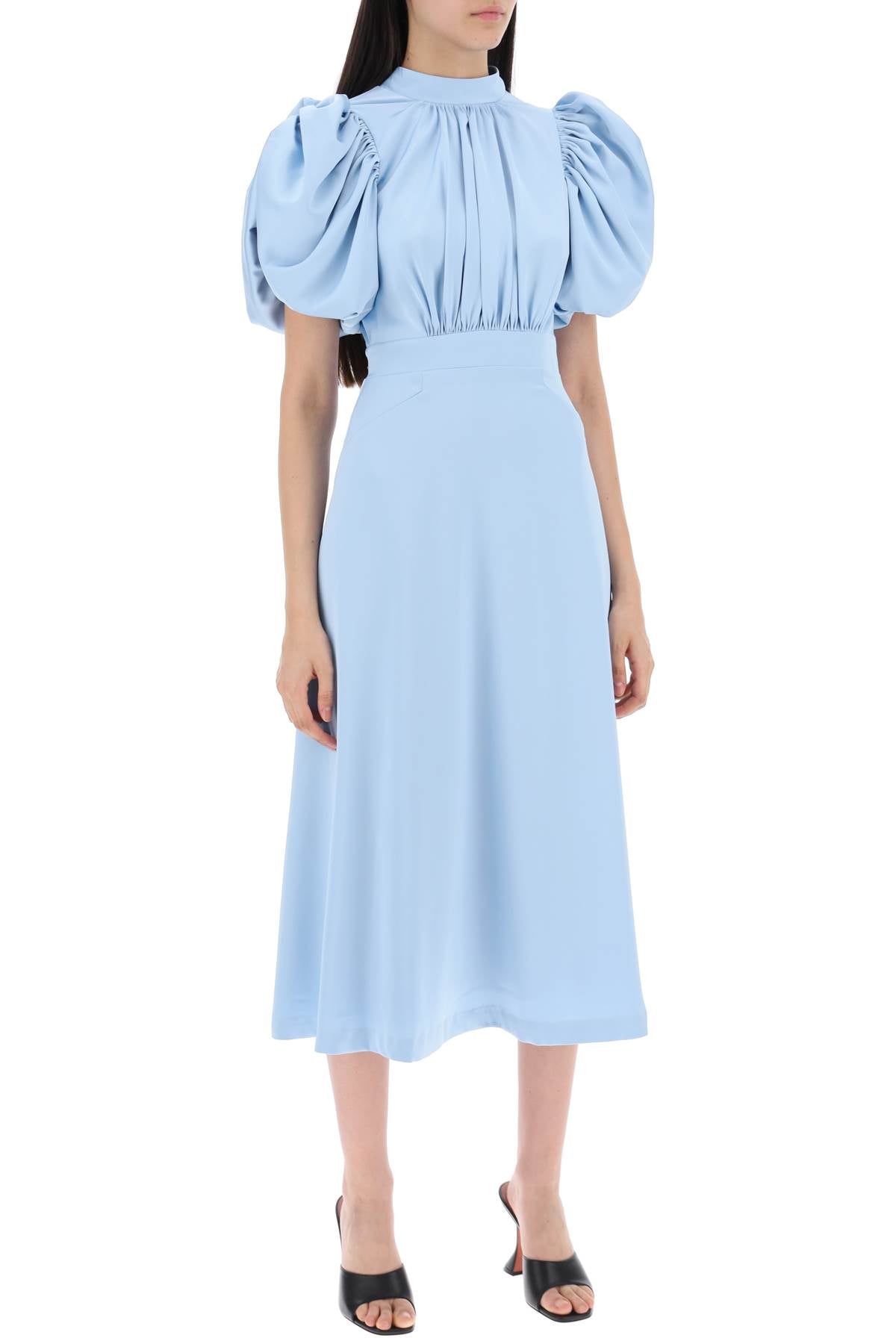 Midi Satin Dress With Balloon Sleeves  - Light Blue