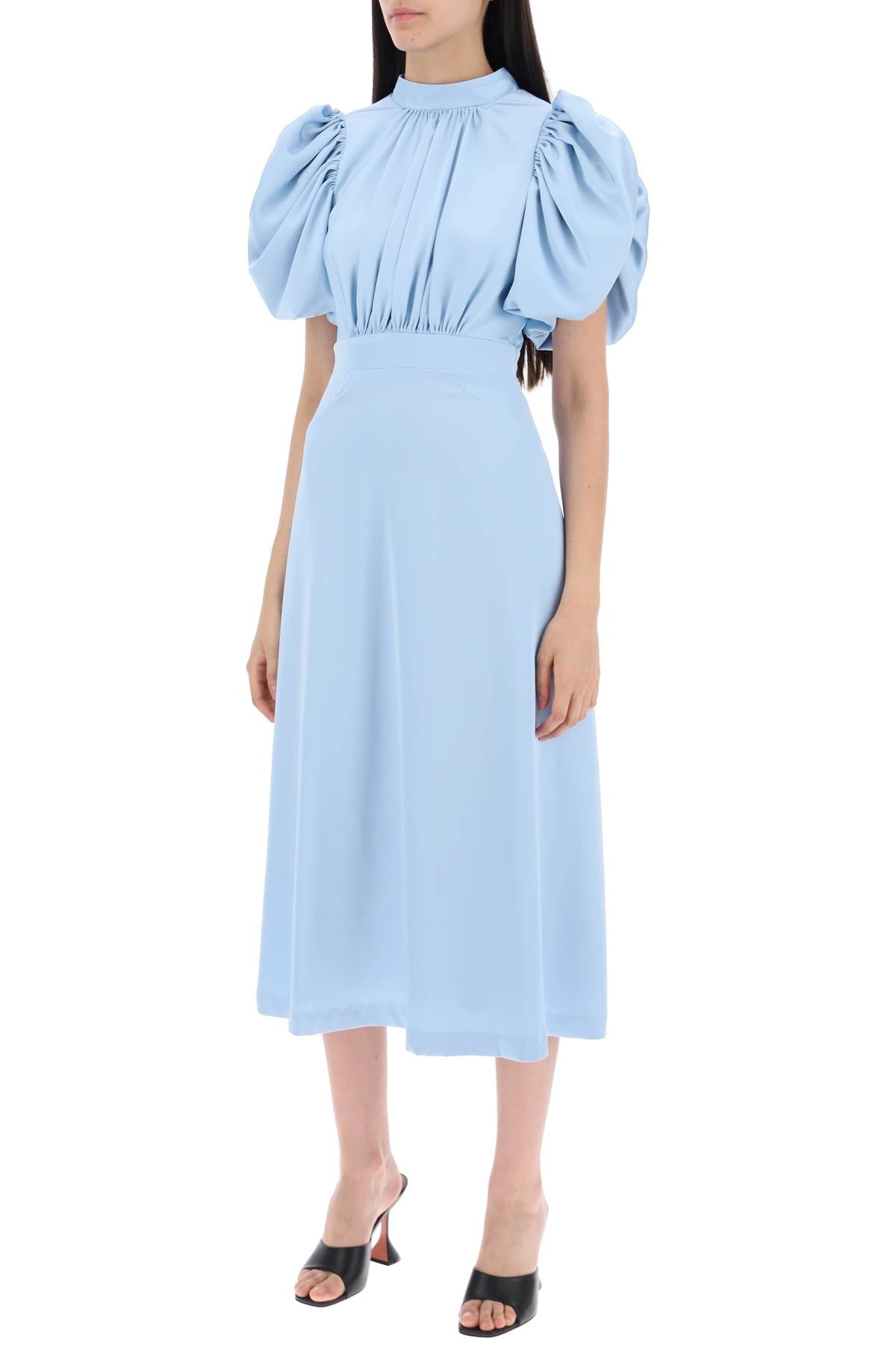 Midi Satin Dress With Balloon Sleeves  - Light Blue