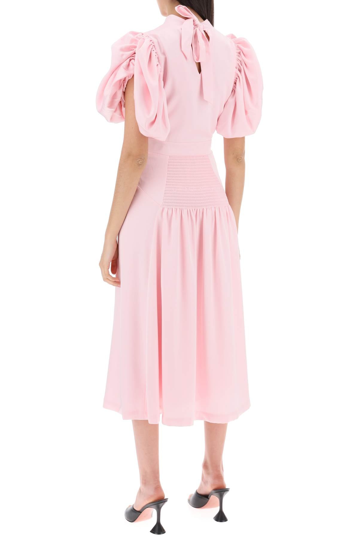 Midi Satin Dress With Balloon Sleeves  - Pink