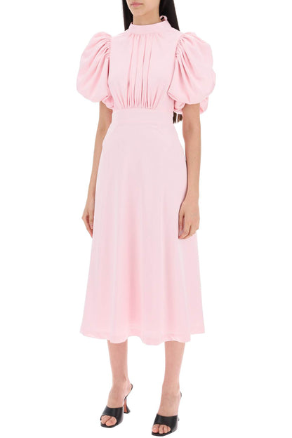 Midi Satin Dress With Balloon Sleeves  - Pink